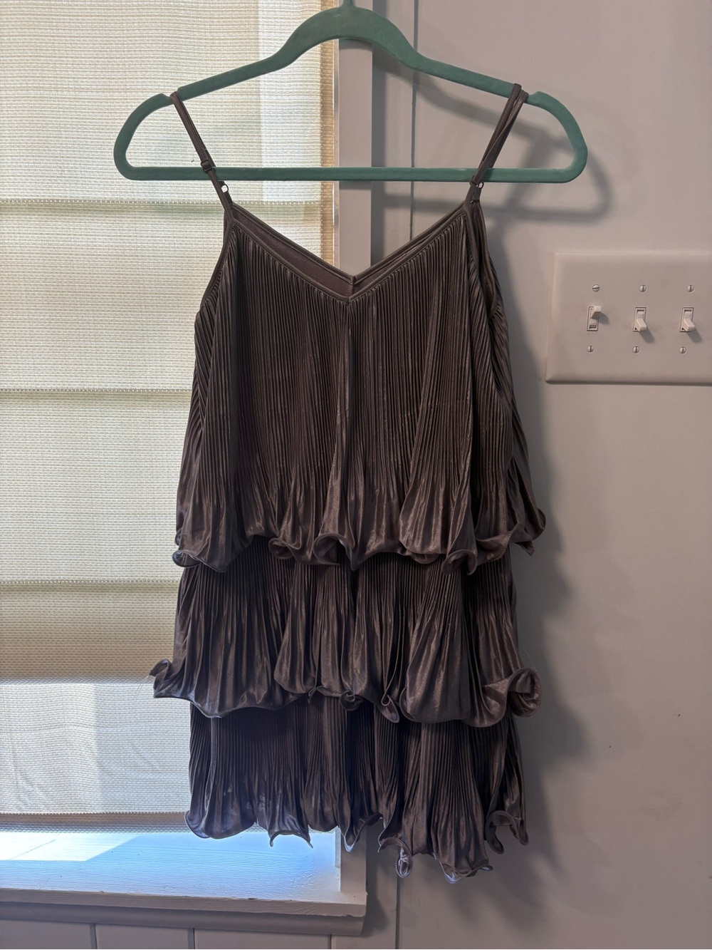 Tiered Pleated Spaghetti-Strap Dress in Gray
